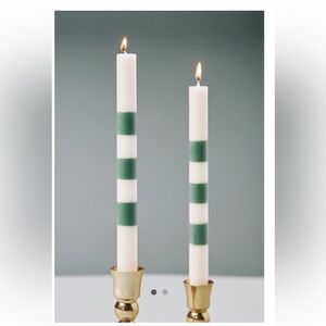 Anthropologie Striped Green White Unscented Taper Candles 9.8 in Set of 2